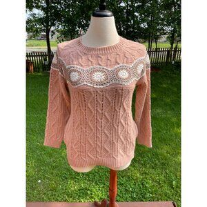 Cable Knit Pink Sweater With White Crochet Floral Accents Long Sleeves Soft & Co